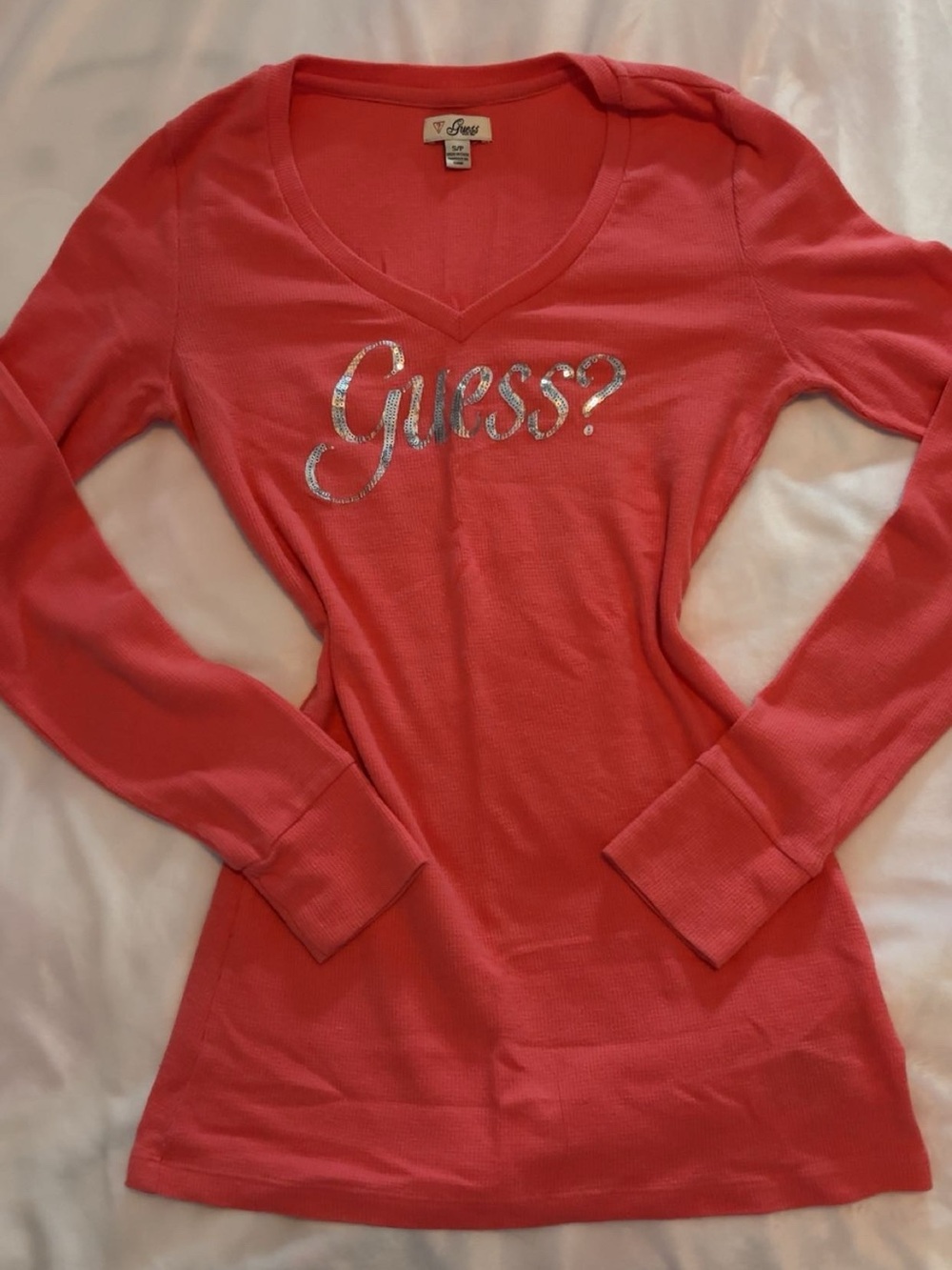Guess Women's Pink y2k V-Neck Long Sleeve Top